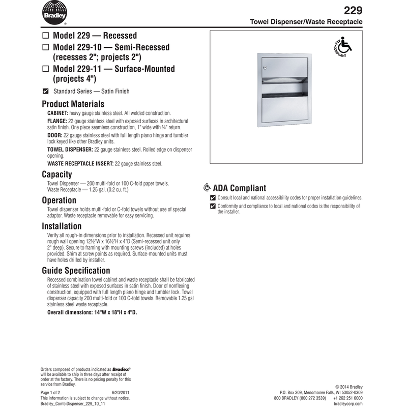 Bradley 229-00 Combination Commercial Paper Towel Dispenser/Waste Receptacle, Recessed-Mounted, Stainless Steel