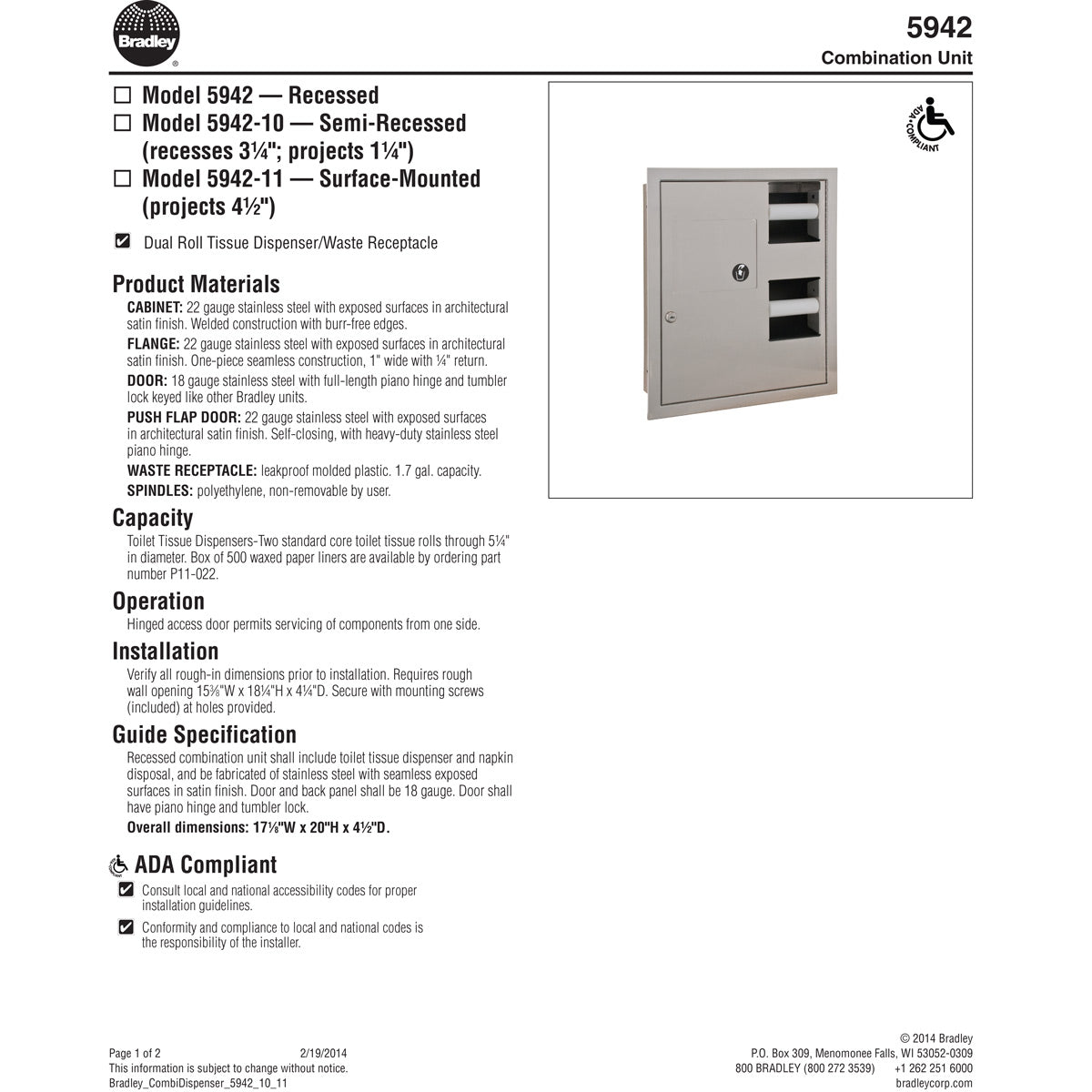 Bradley 5942 Combination Commercial Toilet Tissue Dispenser w/ Disposal