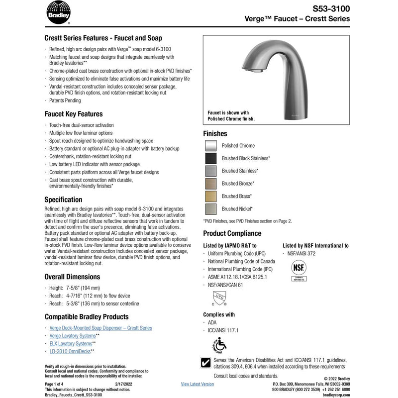 Bradley (S53-3100) RL3-BN Touchless Counter Mounted Sensor Faucet, .35 GPM, Brushed Nickel, Crestt Series