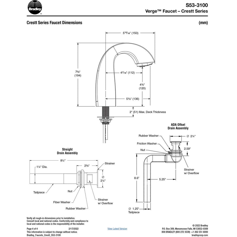 Bradley (S53-3100) RT3-BS Touchless Counter Mounted Sensor Faucet, .35 GPM, Brushed Stainless, Crestt Series