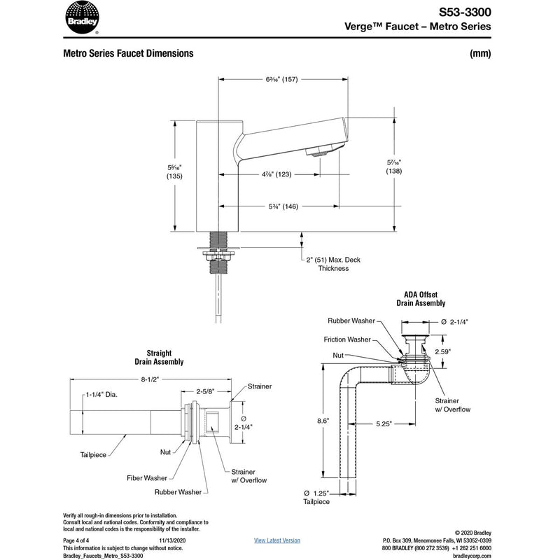 Bradley (S53-3300) RL5-BS Touchless Counter Mounted Sensor Faucet, .5 GPM, Brushed Stainless, Metro Series