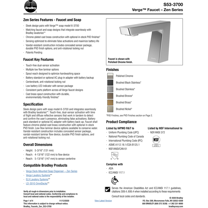 Bradley (S53-3700) RT5-BN Touchless Counter Mounted Sensor Faucet, .5 GPM, Brushed Nickel, Zen Series