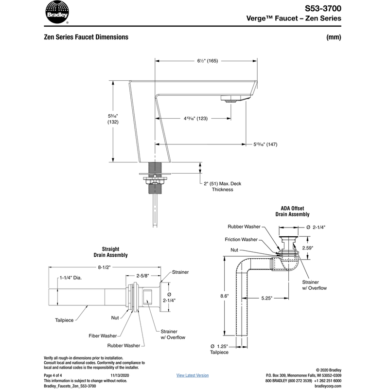 Bradley  - S53-3700-RT5-BN - Touchless Counter Mounted Sensor Faucet, .5 GPM, Brushed Nickel, Zen Series