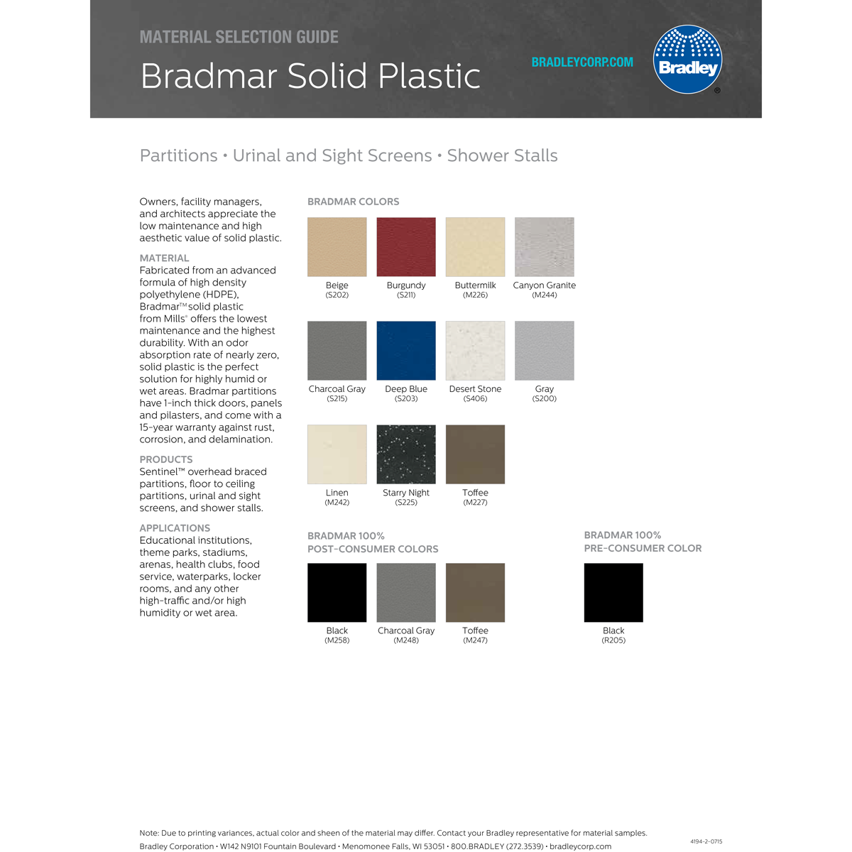 Bradley Toilet Partition (Plastic) 2 In Corner (72"W x 61-1/4"D) - IC23660-PL