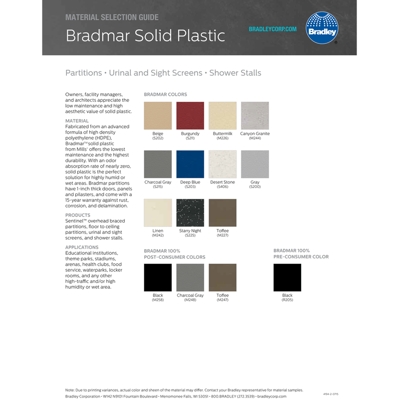 Bradley P440-12 Toilet Partition Panel, 9-1/2"W x 55"H, Plastic
