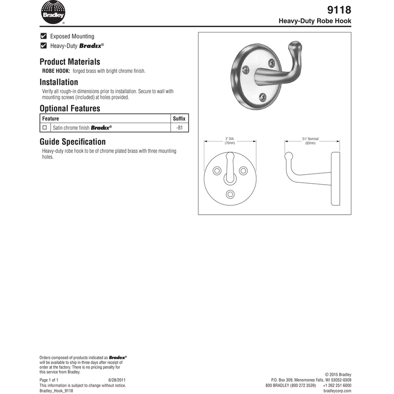 Bradley 9118 Commercial Restroom Single Robe Hook, Brass w/ Chrome Finish