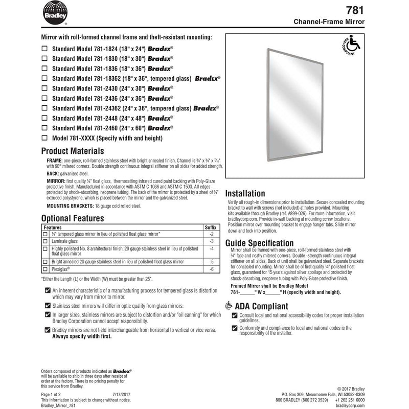 Bradley 781-018360 (18 x 36) Commercial Restroom Mirror, Channel Frame, 18" W x 36" H, Stainless Steel w/ Bright-Polished Finish