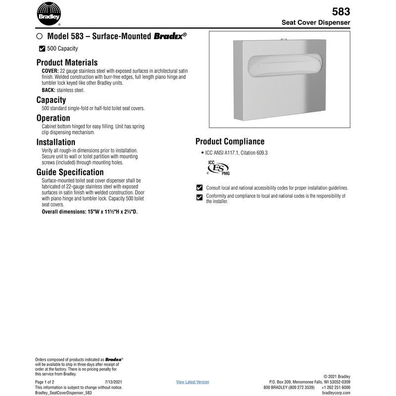 Bradley 583-00, Commercial BX-Seat Cover Dispenser, 15" W x 11-1/4" H x 2-3/4" D, Stainless Steel