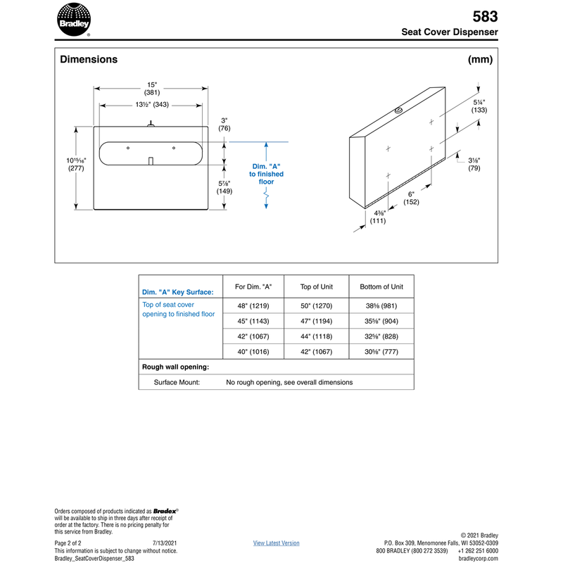 Bradley 583-00, Commercial BX-Seat Cover Dispenser, 15" W x 11-1/4" H x 2-3/4" D, Stainless Steel