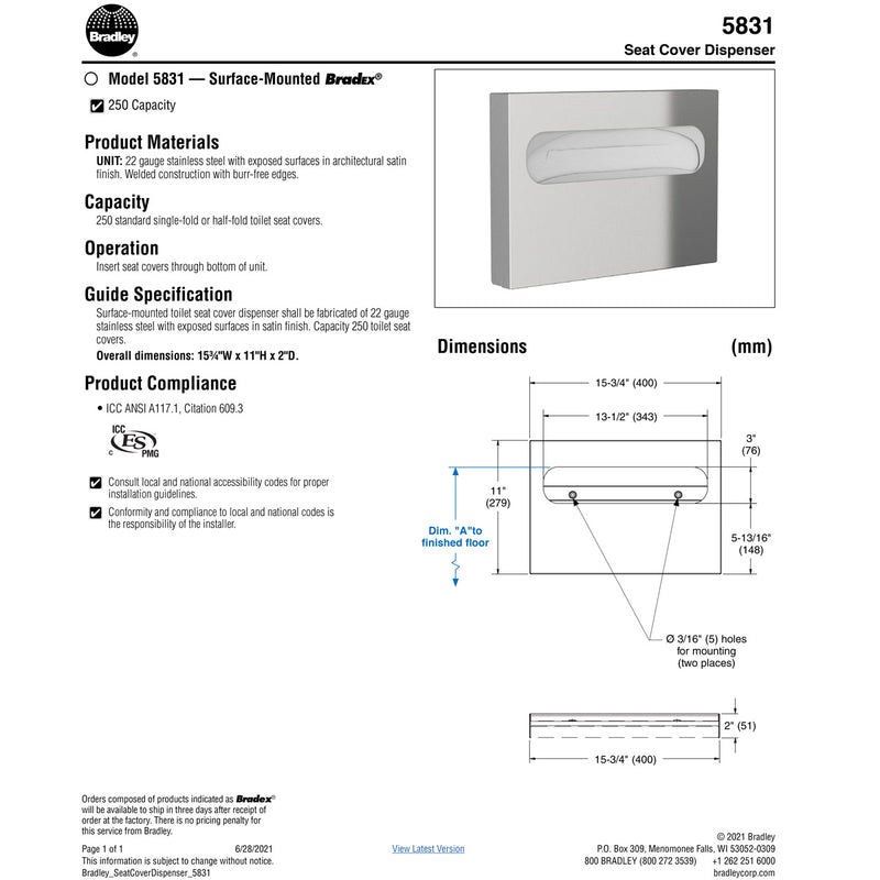 Bradley 5831-00 Seat Cover Dispenser, Low Capacity, Surface-Mounted, Satin Finish, Stainless Steel