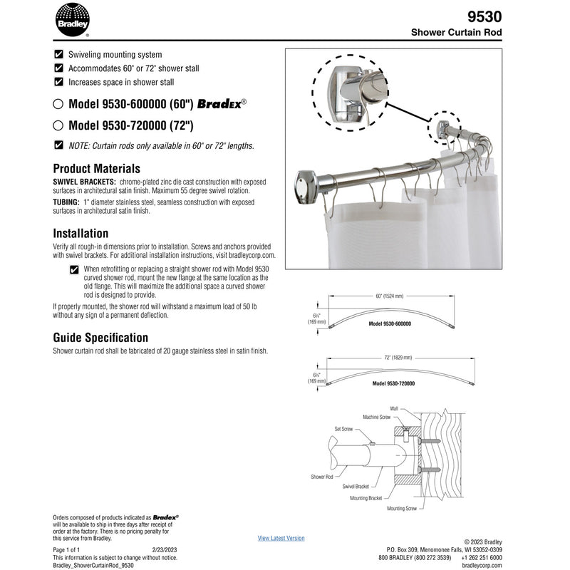 Bradley 9530-600000 Curved Stainless Steel Shower Rod, 60" Length, Stainless Steel