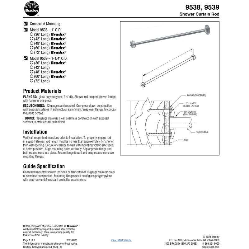 Bradley 9538-060 Shower Curtain Rod, 60" Length, Stainless Steel