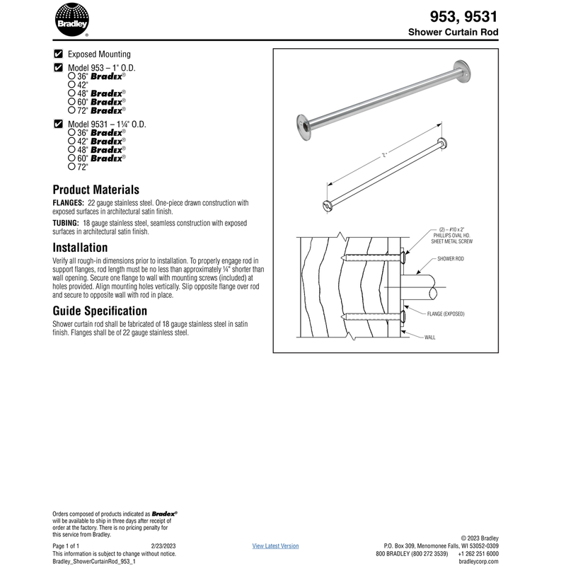 Bradley 9531-042000 Commercial Shower Curtain Rod, 42" Length, Stainless Steel
