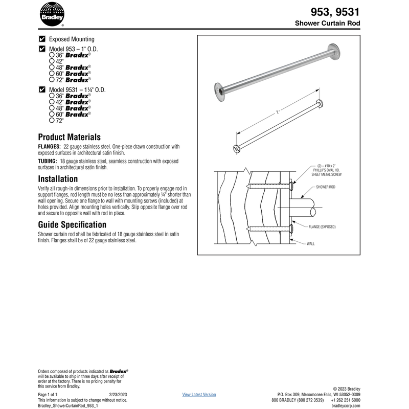 Bradley 9531-036000 Commercial Shower Curtain Rod, 36" Length, Stainless Steel