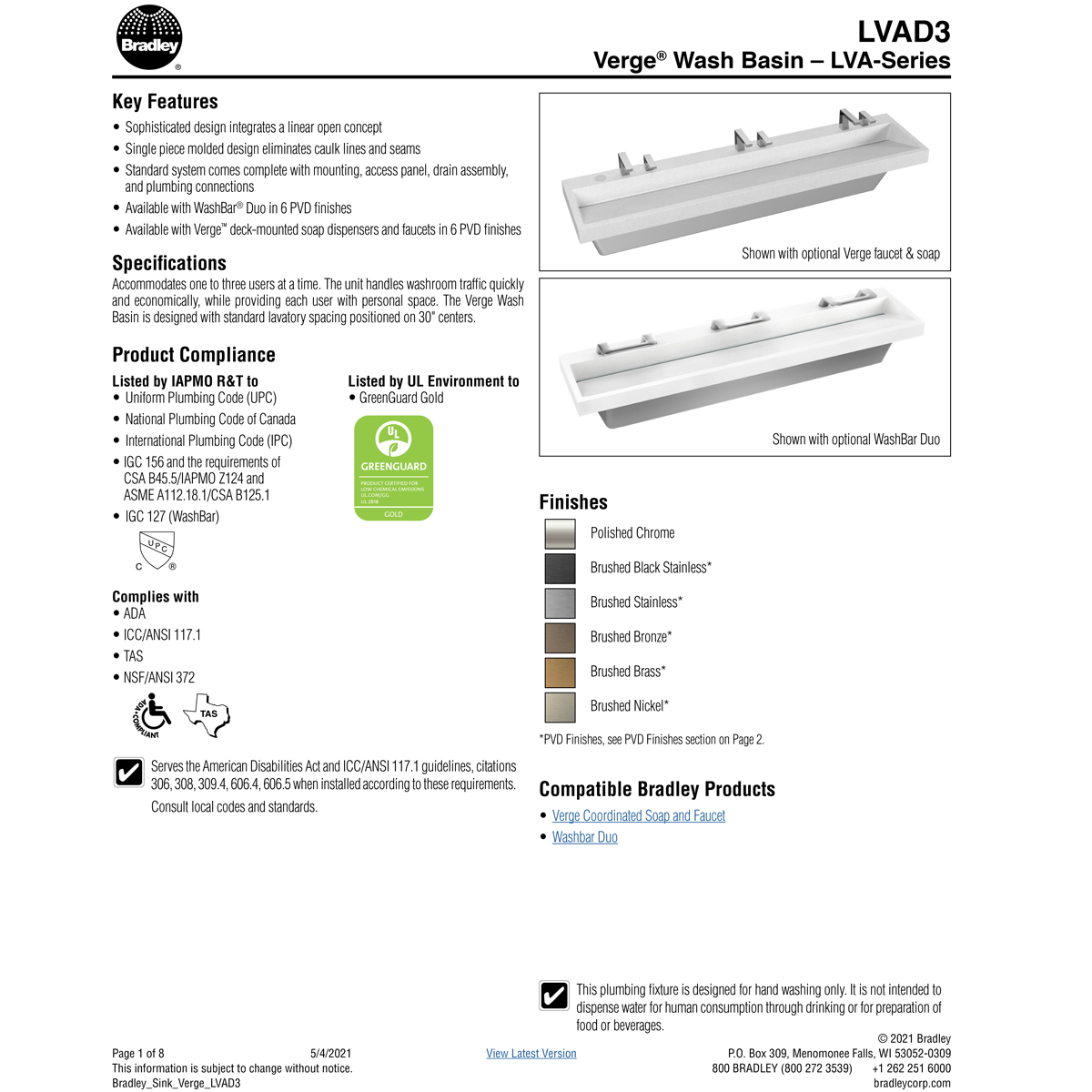 Bradley Verge Commercial Hand Wash Sink - LVA-Series, Three-Station, LVAD3