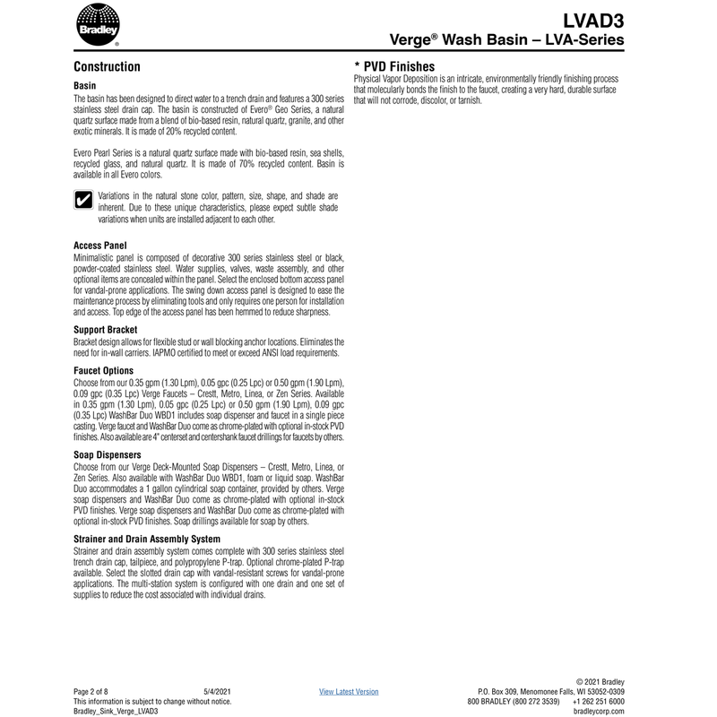 Bradley Verge Commercial Hand Wash Sink - LVA-Series, Three-Station, LVAD3