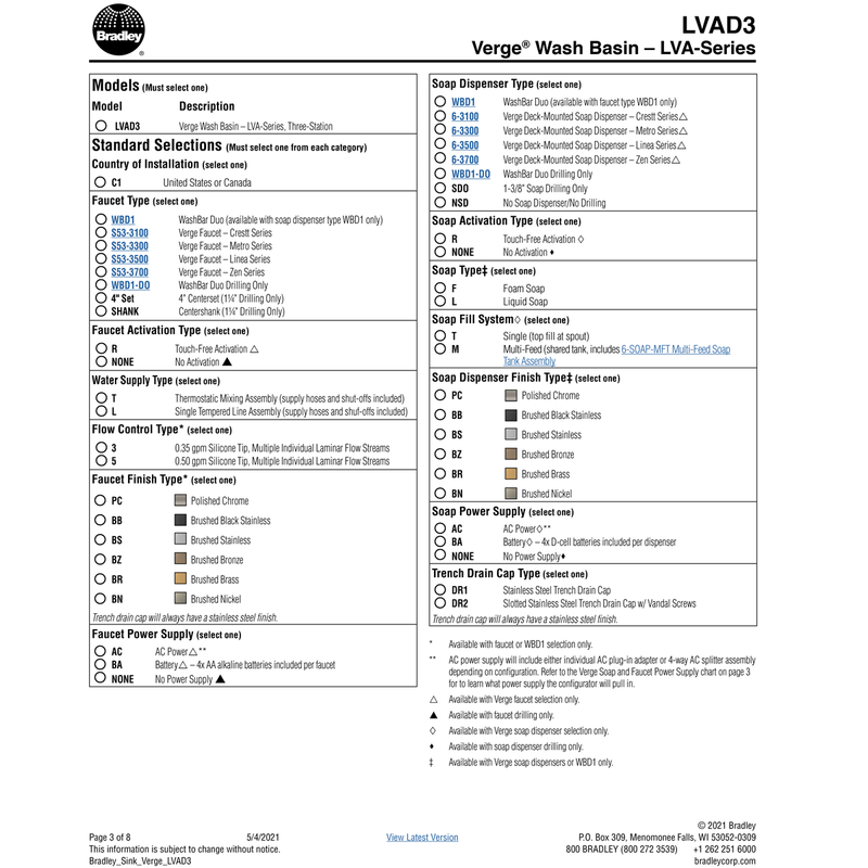 Bradley Verge Commercial Hand Wash Sink - LVA-Series, Three-Station, LVAD3