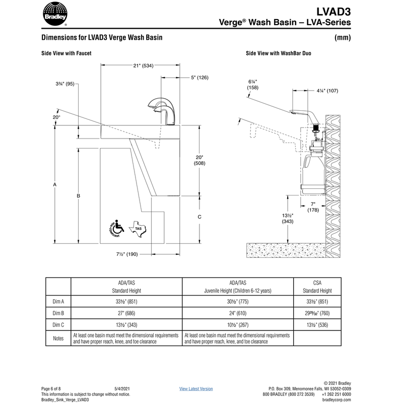 Bradley Verge Commercial Hand Wash Sink - LVA-Series, Three-Station, LVAD3