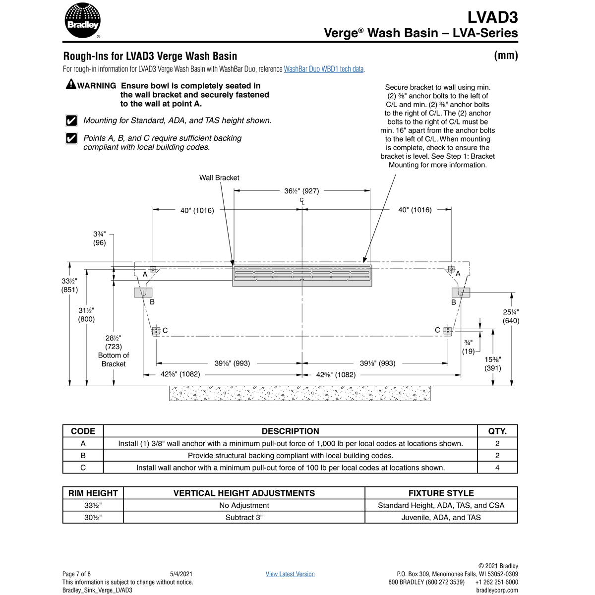 Bradley Verge Commercial Hand Wash Sink - LVA-Series, Three-Station, LVAD3