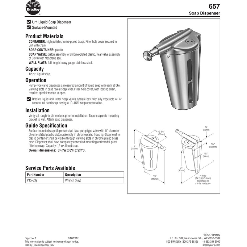 Bradley 657 Commercial Liquid Soap Dispenser, Surface-Mounted, Manual-Push, Brass w/ Chrome Finish - 12 Oz