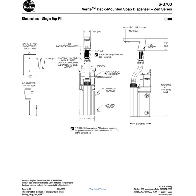 Bradley - 6-3700-RLM-BS - Touchless Counter Mounted Sensor Soap Dispenser, Brushed Stainless, Zen Series