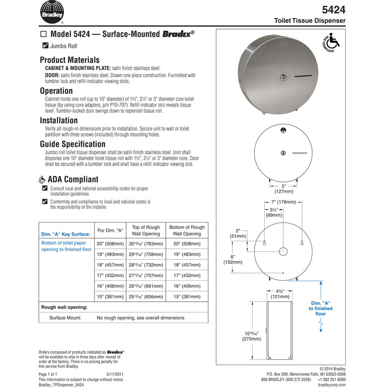 Bradley 5424-00 Commercial Toilet Paper Dispenser, Surface-Mounted, Stainless Steel w/ Satin Finish