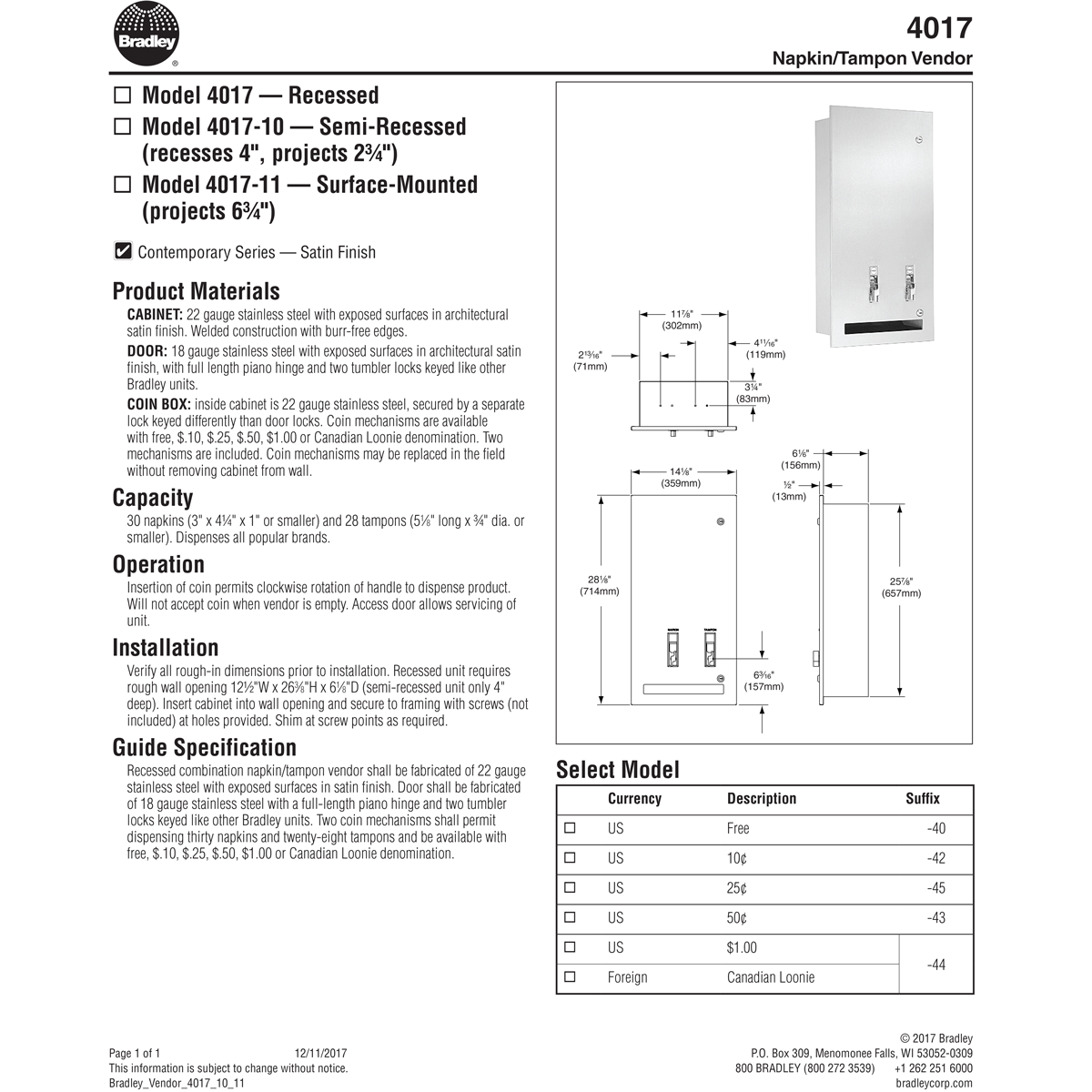 Bradley 4017-400000 Commercial Restroom Sanitary Napkin/ Tampon Dispenser, Recessed-Mounted, Stainless Steel