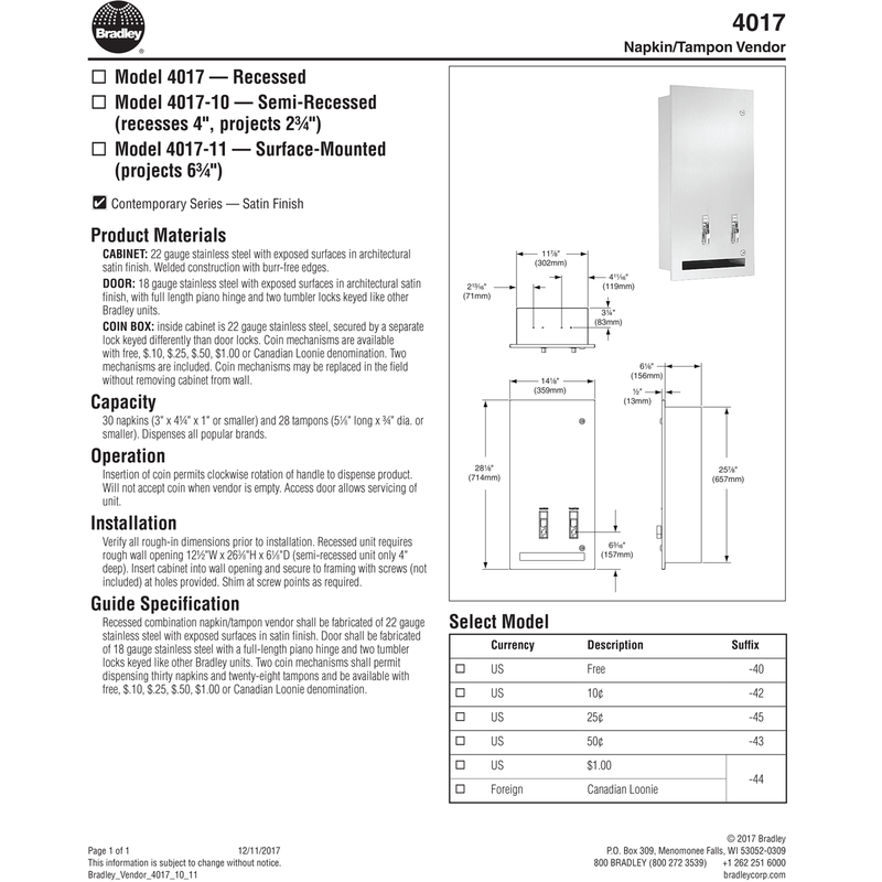 Bradley 4017-400000 Commercial Restroom Sanitary Napkin/ Tampon Dispenser, Recessed-Mounted, Stainless Steel