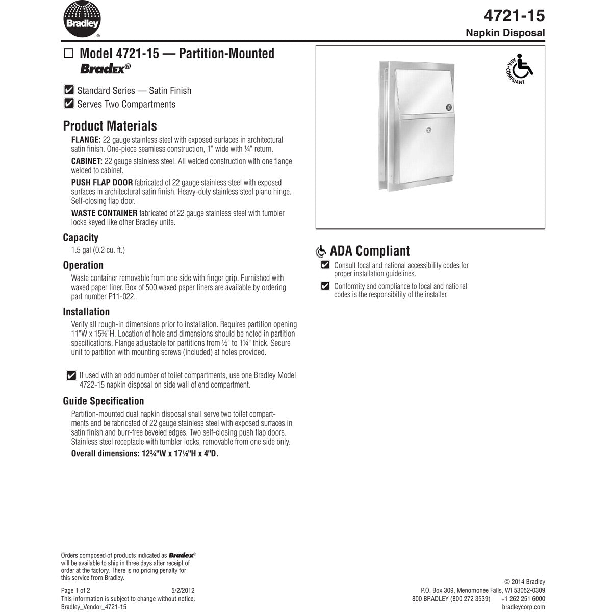 Bradley BX 4721-150000 Commercial Restroom Sanitary Napkin Disposal, Partition-Mounted, Stainless Steel