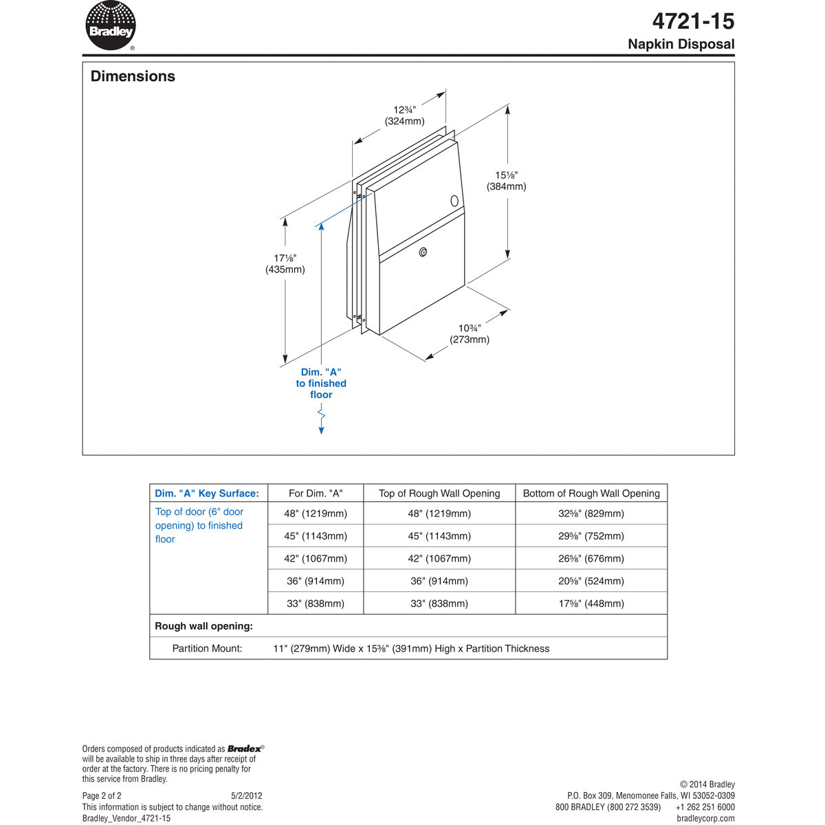 Bradley BX 4721-150000 Commercial Restroom Sanitary Napkin Disposal, Partition-Mounted, Stainless Steel