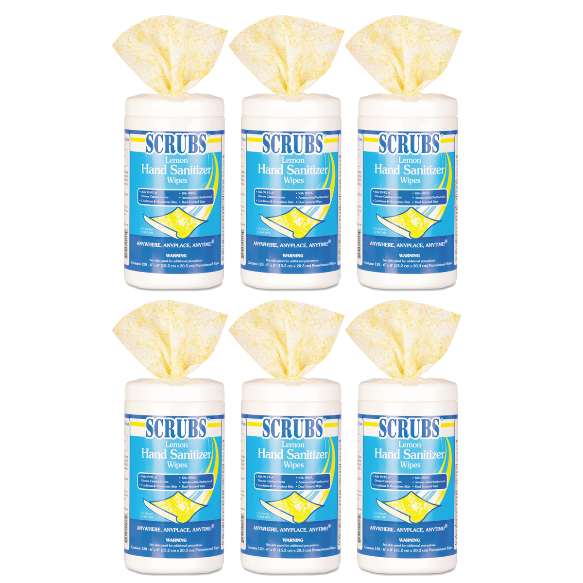 SCRUBS Hand Sanitizer Wipes, Antimicrobial & Antibacterial, 6 x 8, 120 Wipes/Canister, 6/Carton - DYM92991 - TotalRestroom.com