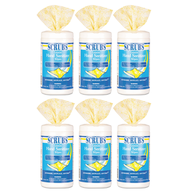 SCRUBS Hand Sanitizer Wipes, Antimicrobial & Antibacterial, 6 x 8, 120 Wipes/Canister, 6/Carton - DYM92991 - TotalRestroom.com