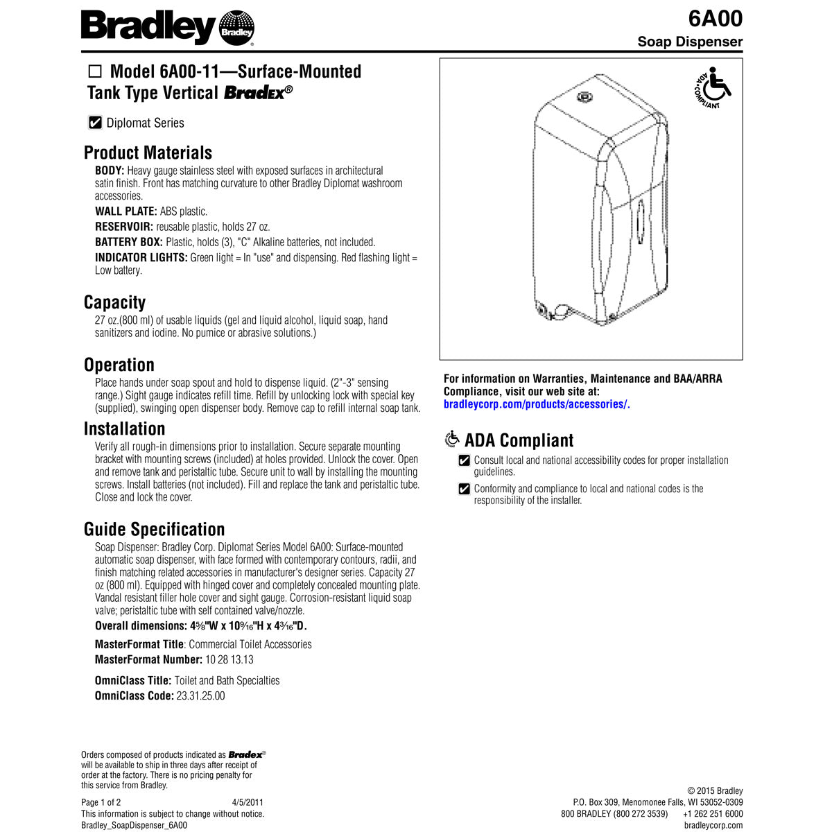 Bradley 6A00-11 Automatic Soap Dispenser, Touchless, Surface Mounted, Stainless