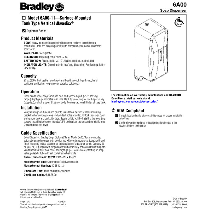 Bradley 6A00-11 Automatic Soap Dispenser, Touchless, Surface Mounted, Stainless