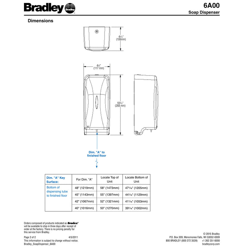 Bradley 6A00-11 Automatic Soap Dispenser, Touchless, Surface Mounted, Stainless