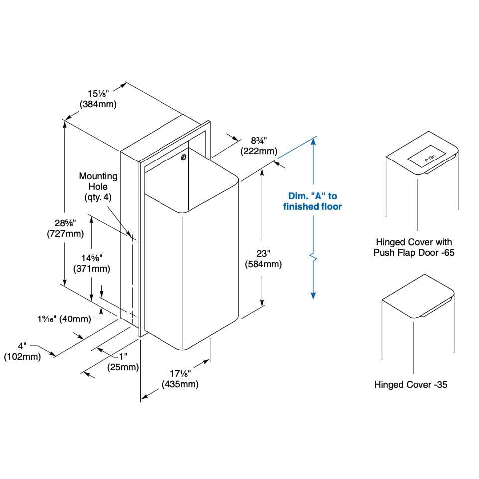 Bradley 334-10 Commercial Restroom Sanitary Waste Bin, 18 Gallon, Semi-Recessed-Mounted, 17-1/8