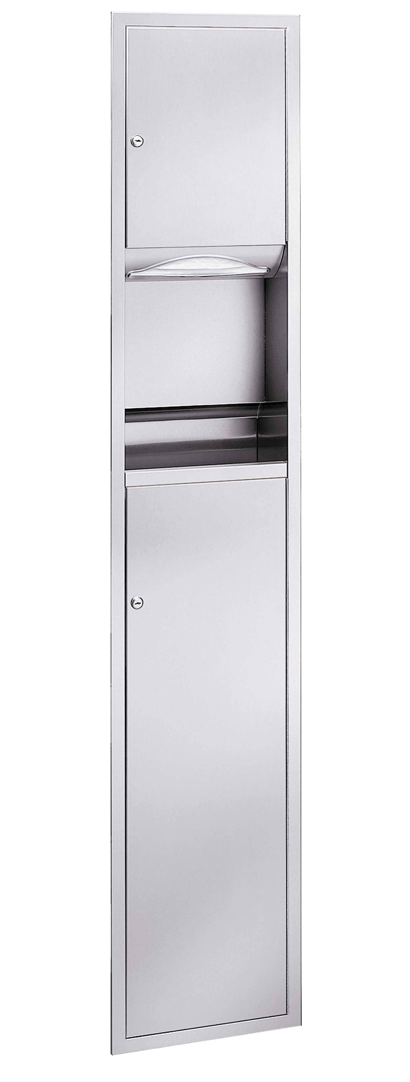 Bradley 225-10 Combination Toilet Paper Dispenser/Waste Receptacle, Semi-Recessed-Mounted, Stainless Steel - TotalRestroom.com