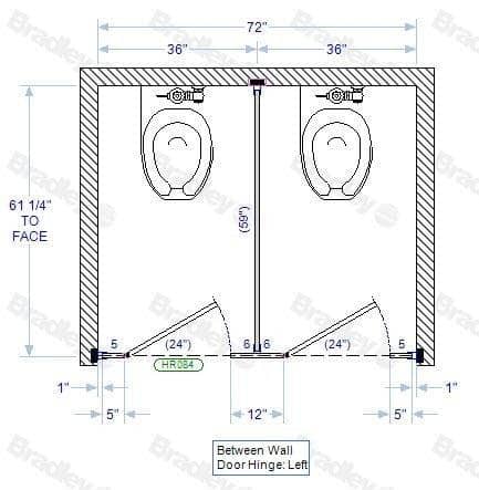 Bradley BW23660-PBC Toilet Partition, 2 Between Wall Compartments, 72" W x 61-1/4" D, Phenolic - TotalRestroom.com