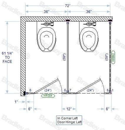 Bradley IC23660-PBC Toilet Partition, 2 In Corner Compartments, 72" W x 61-1/4" D, Phenolic - TotalRestroom.com