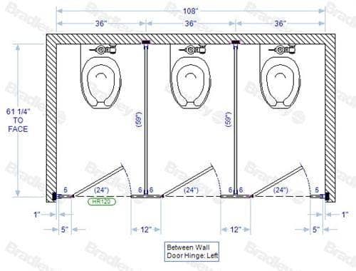 Bradley BW33660-PBC Toilet Partition, 3 Between Wall Compartments, 108" W x 61-1/4" D, Phenolic - TotalRestroom.com