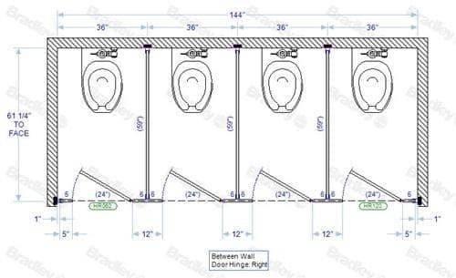 Bradley BW33660-PBC Toilet Partition, 4 Between Wall Compartments, 108" W x 61-1/4" D, Phenolic - TotalRestroom.com