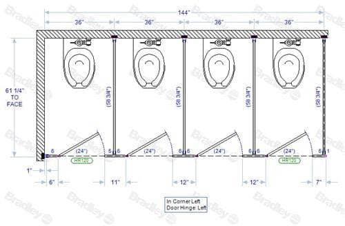 Bradley IC43660-PL Toilet Partition, 4 In Corner Compartments, 144"W x 61-1/4"D, Plastic - TotalRestroom.com