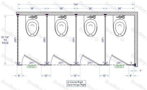 Bradley IC43660-PBC Toilet Partition, 4 In Corner Compartments, 144" W x 61-1/4" D, Phenolic - TotalRestroom.com