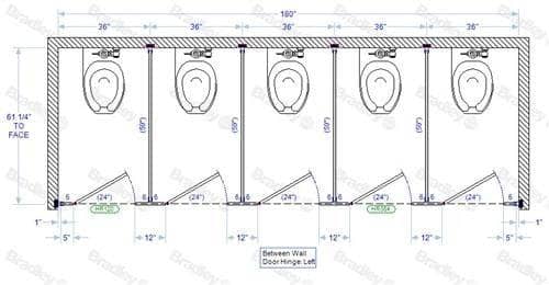 Bradley BW53660-PBC Toilet Partition, 2 Between Wall Compartments, 108" W x 61-1/4" D, Phenolic - TotalRestroom.com