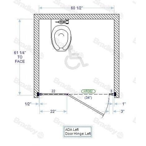 Bradley BWADA Toilet Partition, 1 ADA Between Wall Compartment, 60" W x 61-1/4" D, Metal - TotalRestroom.com