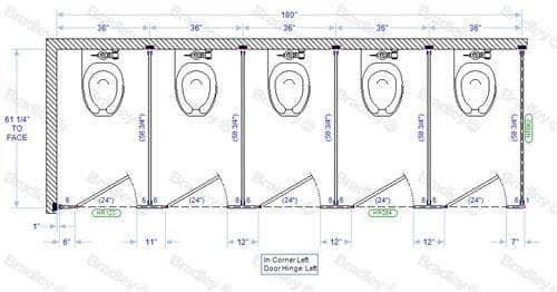 Bradley IC53660-PL Toilet Partition, 5 In Corner Compartments, 180"W x 61-1/4"D, Plastic - TotalRestroom.com