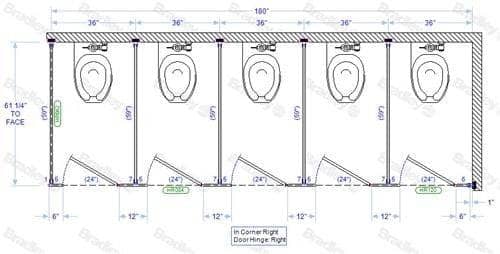 Bradley IC53660-PBC Toilet Partition, 5 In Corner Compartments, 180" W x 61-1/4" D, Phenolic - TotalRestroom.com