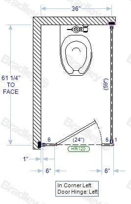 Bradley IC33660-PBC Toilet Partition, 1 In Corner Compartments, 36" W x 61-1/4" D, Phenolic - TotalRestroom.com