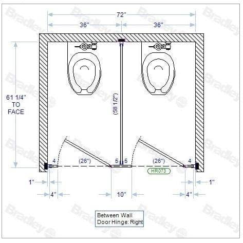 Bradley BW23660 Toilet Partition, 2 Between Wall Compartments, 72"W x 61-1/4"D, Stainless Steel - TotalRestroom.com