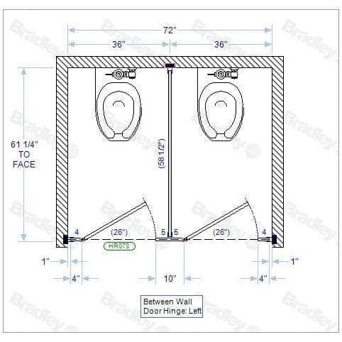 Bradley BW23660 Toilet Partition, 2 Between Wall Compartments, 72"W x 61-1/4"D, Stainless Steel - TotalRestroom.com